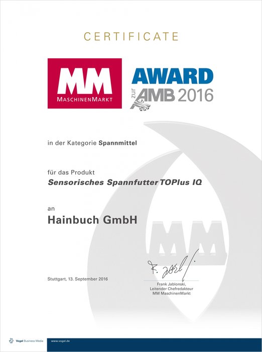 Il mandrino di serraggio Toplus IQ vince il premio MM per l’innovazione all’AMB 2016